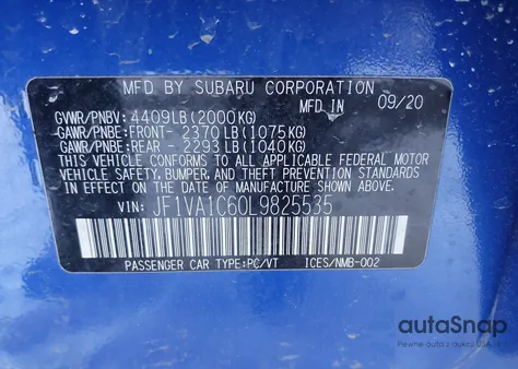 2020 Subaru Wrx Premium из США, поврежденный, VIN JF1VA1C60L9825535